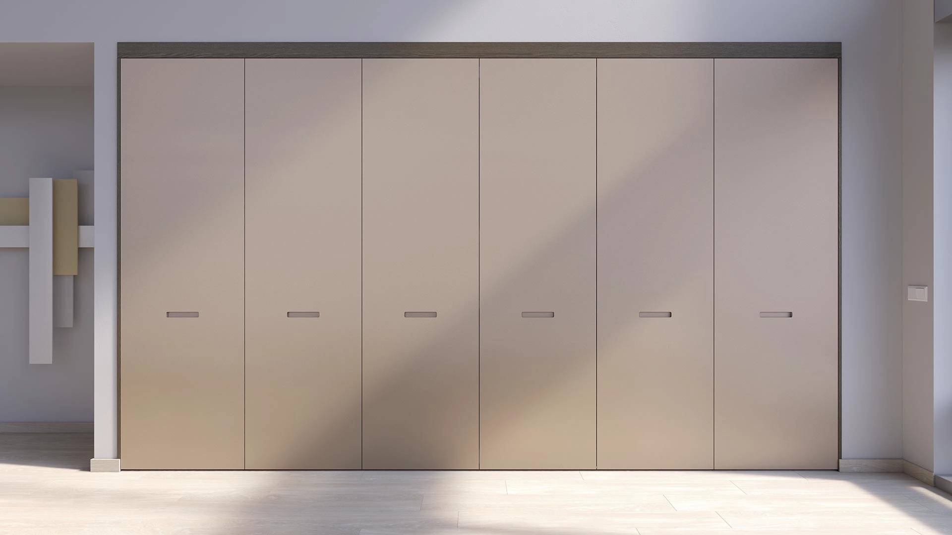 Vista frontal de cocina escondida dentro de armario con puertas escamoteables de Senssia en color beige