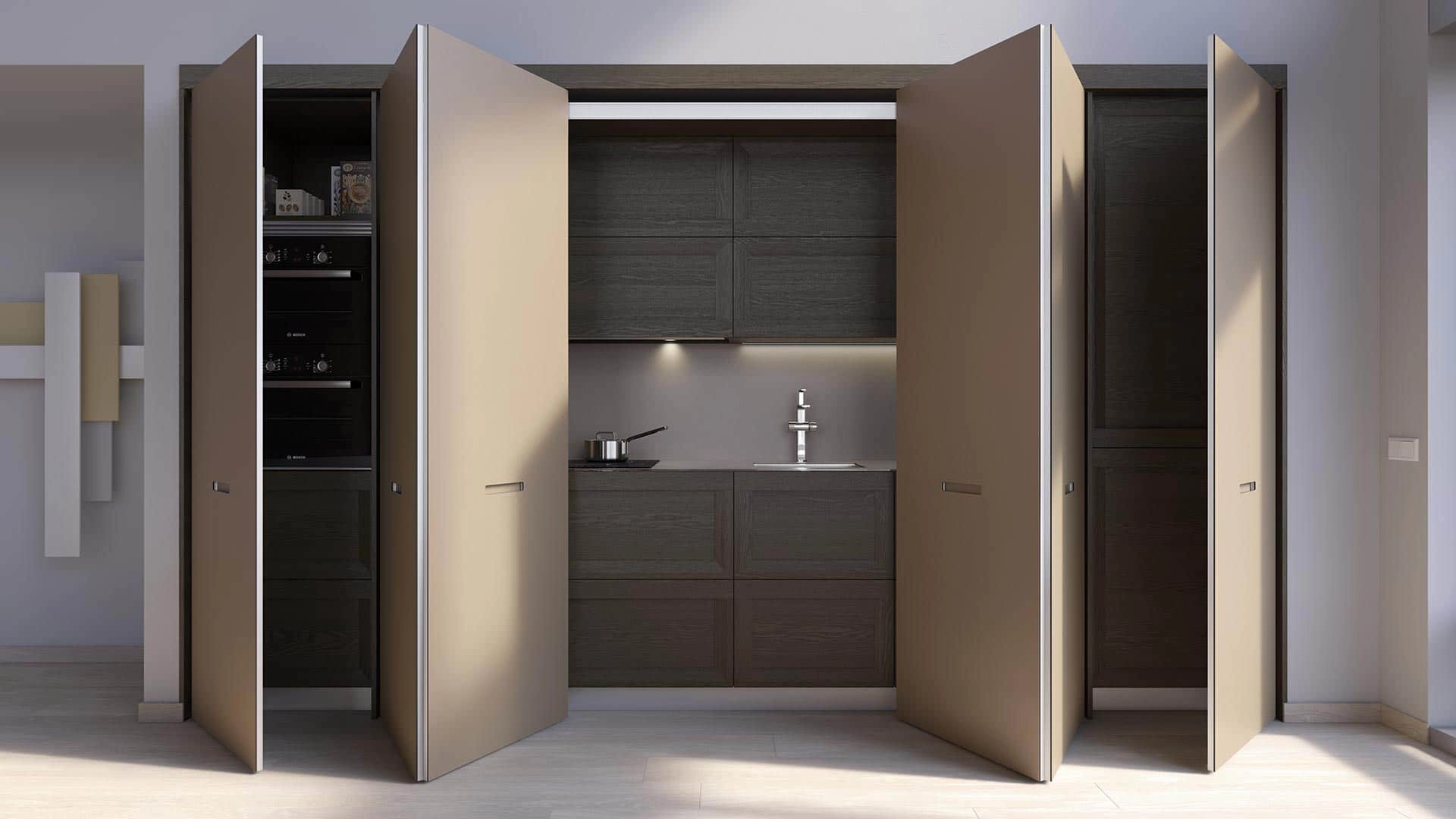 Vista frontal de cocina de madera oscura con muebles columna de Senssia con puertas escamoteables medio abiertas y electrodomésticos integrados