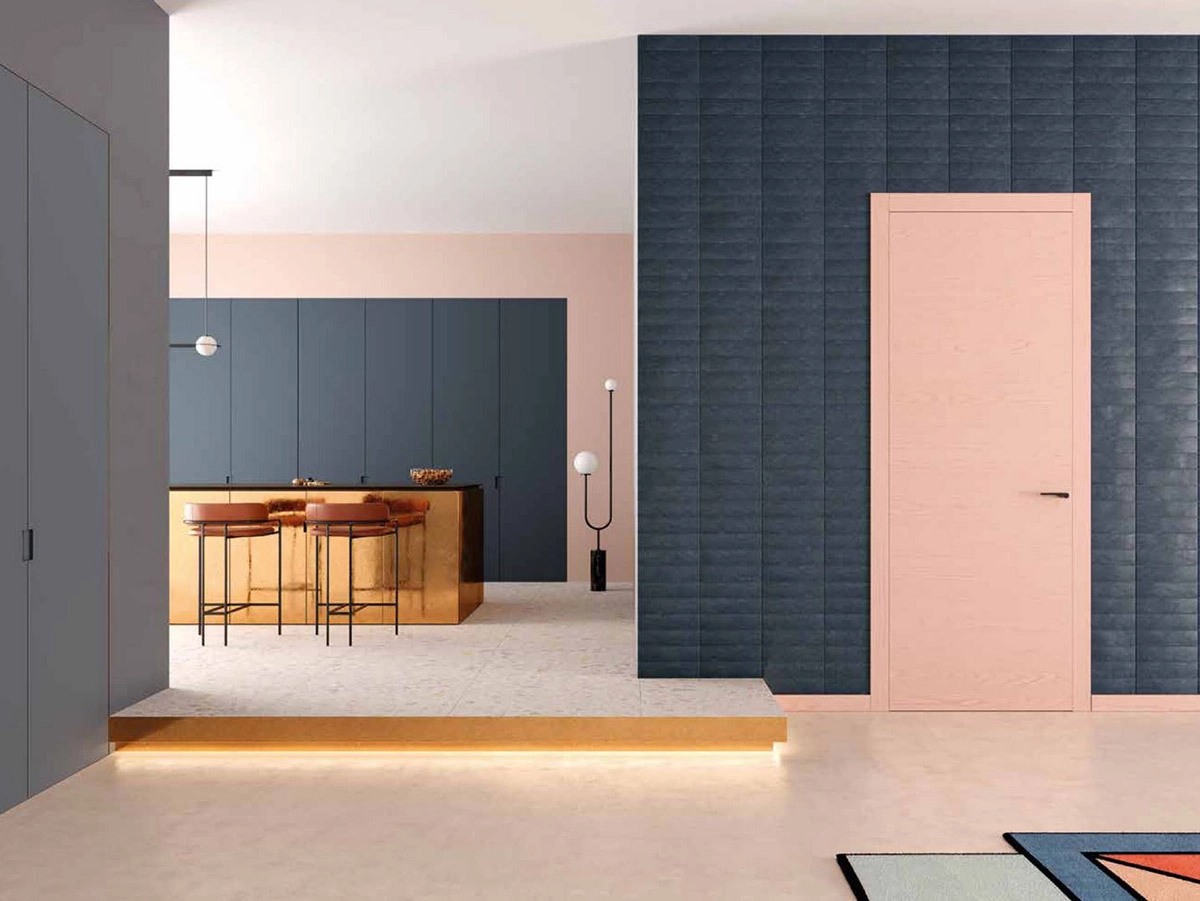 Puerta batiente de interior modelo Liss Zero de Ferrero Legno en color rosa en cocina de piso moderno