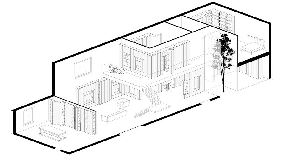 Ilustración de vivienda en blanco y negro con módulos de Sistema Freedhome en diferentes habitaciones