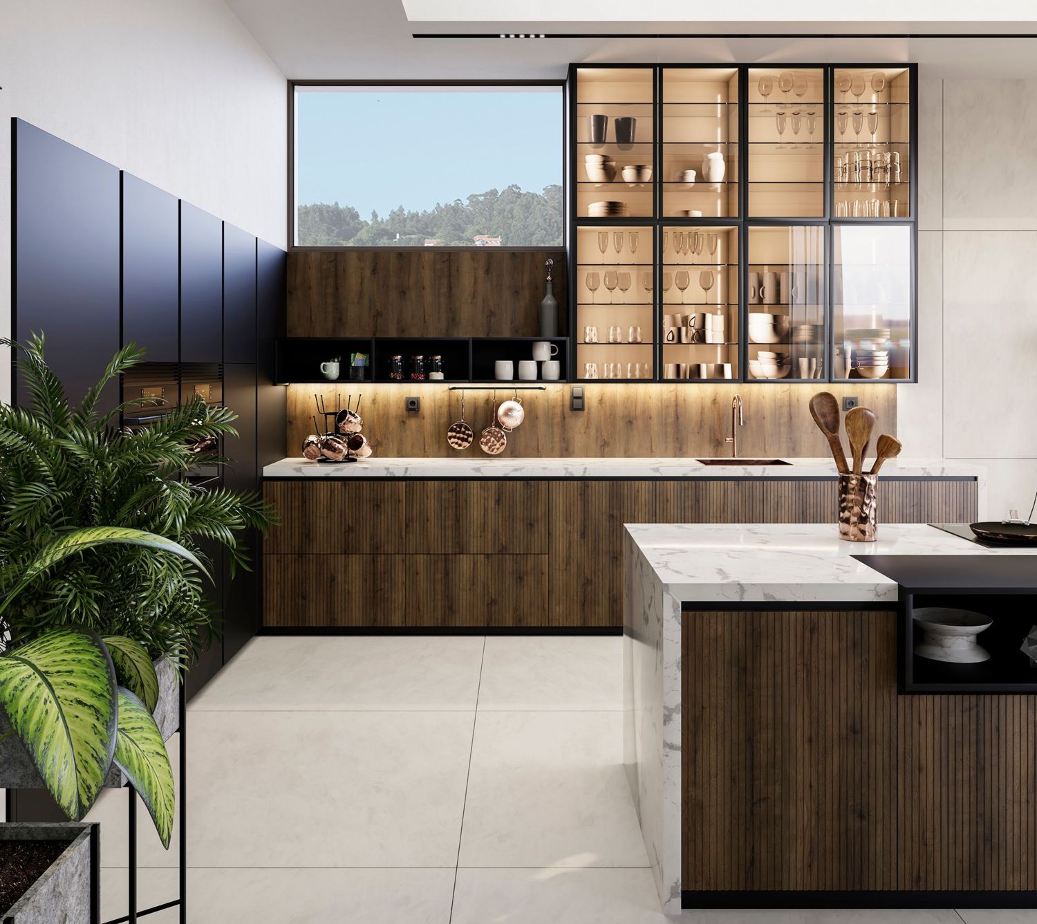 Cocina madera, blanco y negro con muebles en acabado FENIX NTM®