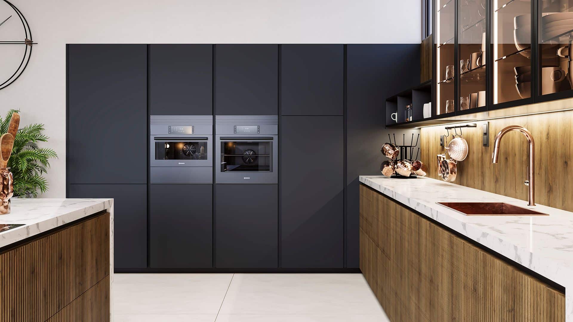 Cocina madera, blanco y negro con muebles en acabado laminado Topmatt