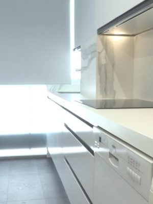 Vista de frente de cocina en blanco brillo con placa y campana